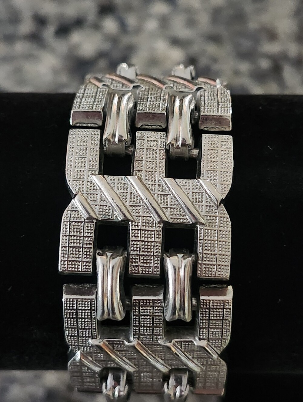 Vtg Textured Silver-Tone Statement Wide Link Bracelet